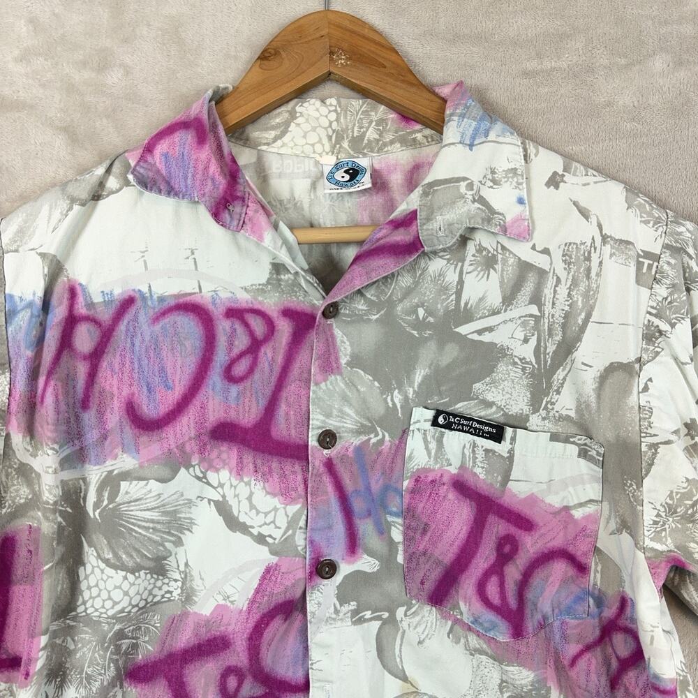 Vintage T&C Surf Designs Hawaii Graffiti Print Shirt Men's Large Skatercore 90s
